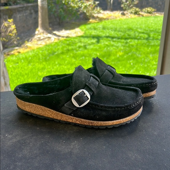 Birkenstock Black Mule Slides Shearling Buckley 39 - Picture 1 of 4